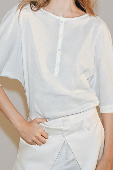 COTTON HENLEY COLLAR T-SHIRT - White by Zara