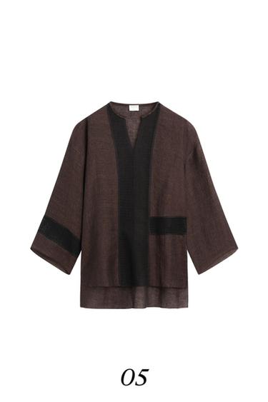 Blusón fluido detalle puntilla mezcla lino - Marrón vigoré de Zara