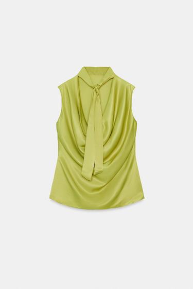 TOP SATINÉ AVEC NŒUD - Vert pistache de Zara - Image 7