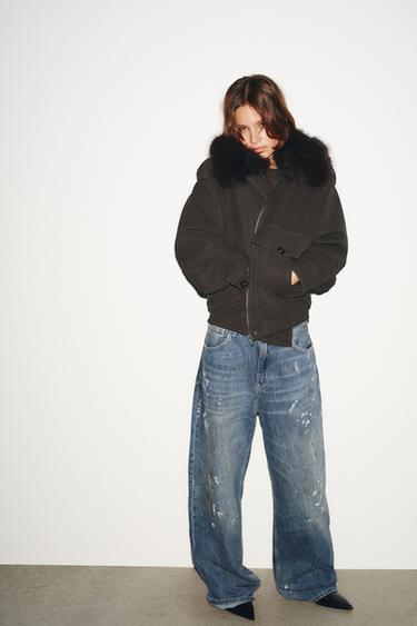 جاكيت بمظهر جلد السويد وياقة قابلة للفك - بني الخاص بـ Zara