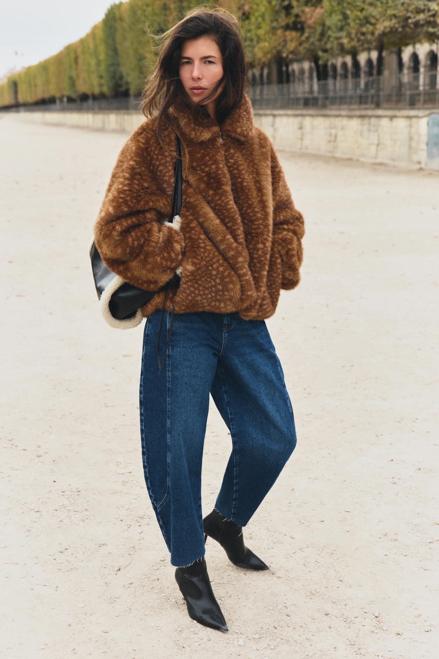 Женская куртка Zara Oversized Faux Fur Bomber, цвет: Серо-коричневый коричневый — фото 1