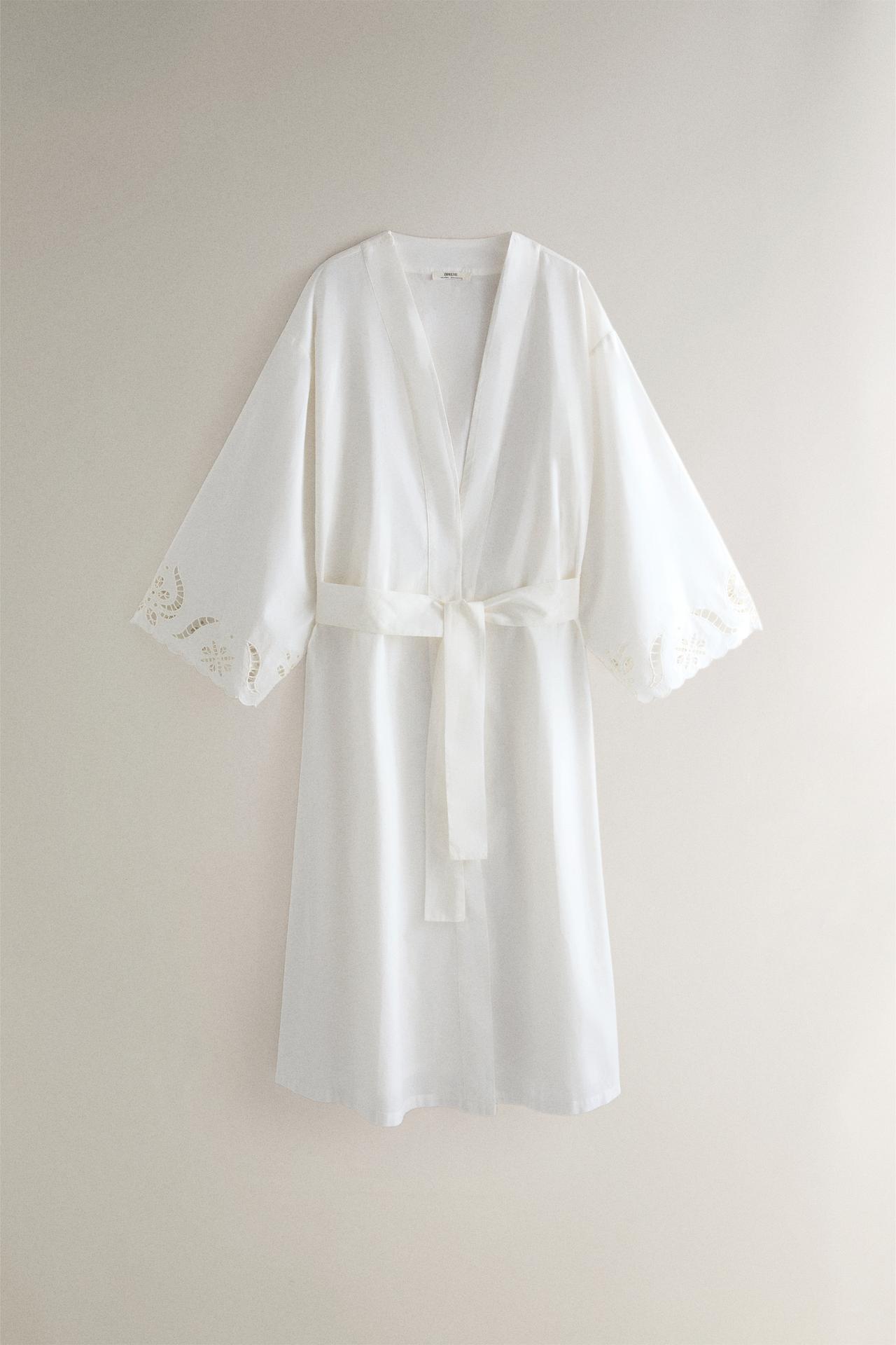 COTTON DRESSING GOWN WITH EMBROIDERY — Oyster-white