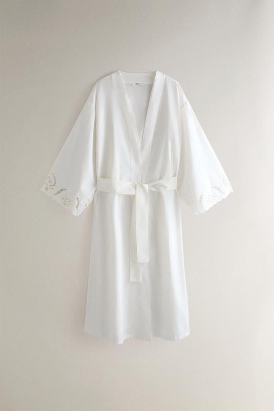 Zara EMBROIDERED COTTON ROBE - Oyster-white - Image 0