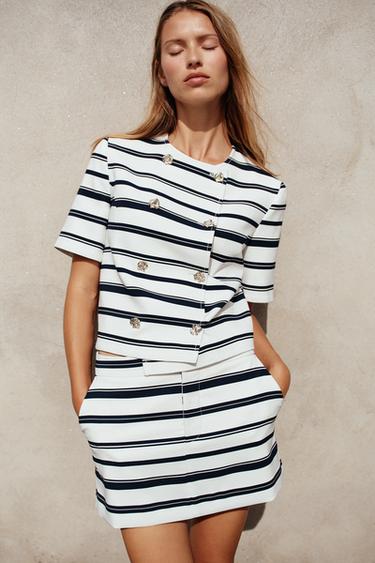 BLAZER RAYÉ À MANCHES COURTES - Blanc / Bleu marine de Zara - Image 1