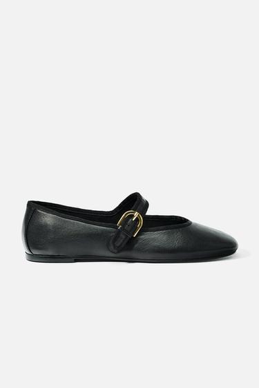 FLAT LEATHER BALLERINAS - Black by Zara