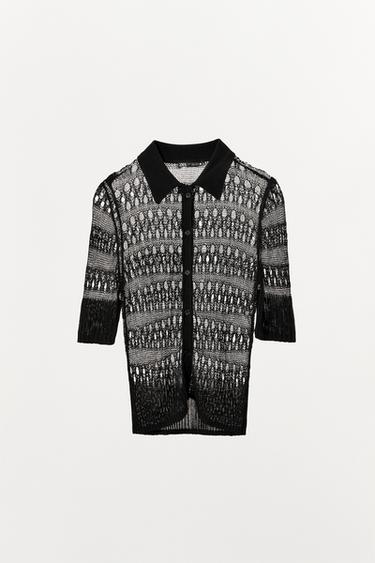 OPEN KNIT POLO TOP - Black by Zara - Image 3