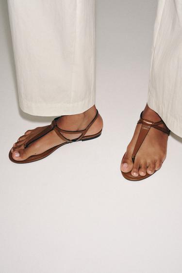 Zara LEATHER FLAT SANDALS - Brown