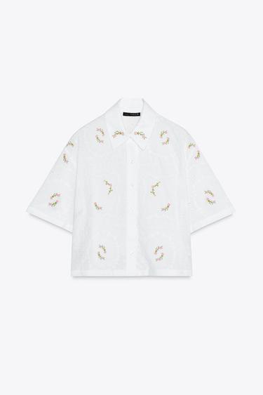 CHEMISE FLEURS BRODÉES - Blanc cassé de Zara
