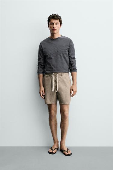 BERMUDA RELAXED FIT ALGODÓN - LINO - Rayas marrones de Zara