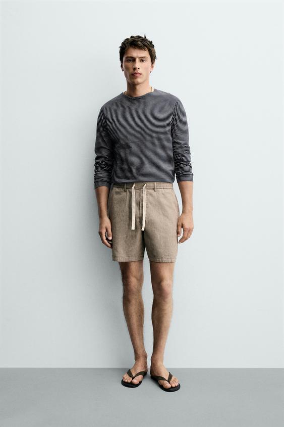 COTTON/LINEN RELAXED FIT BERMUDA SHORTS - Brown Stripes by Zara - Image 0