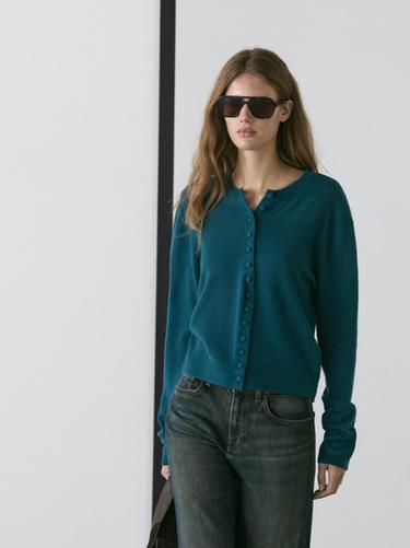 Zara Wool knit cardigan with covered buttons - Duck blue