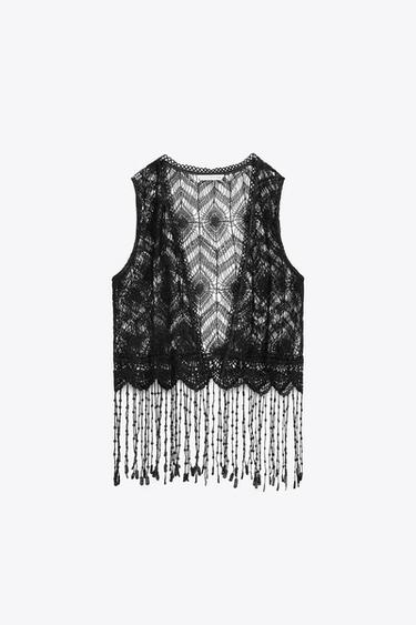 COLETE DE CROCHET COM FRANJAS - Preto da Zara