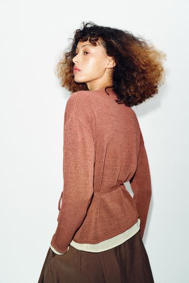 CONTRAST KNIT JACKET WITH BELT - MARSALA by Zara - Image 4