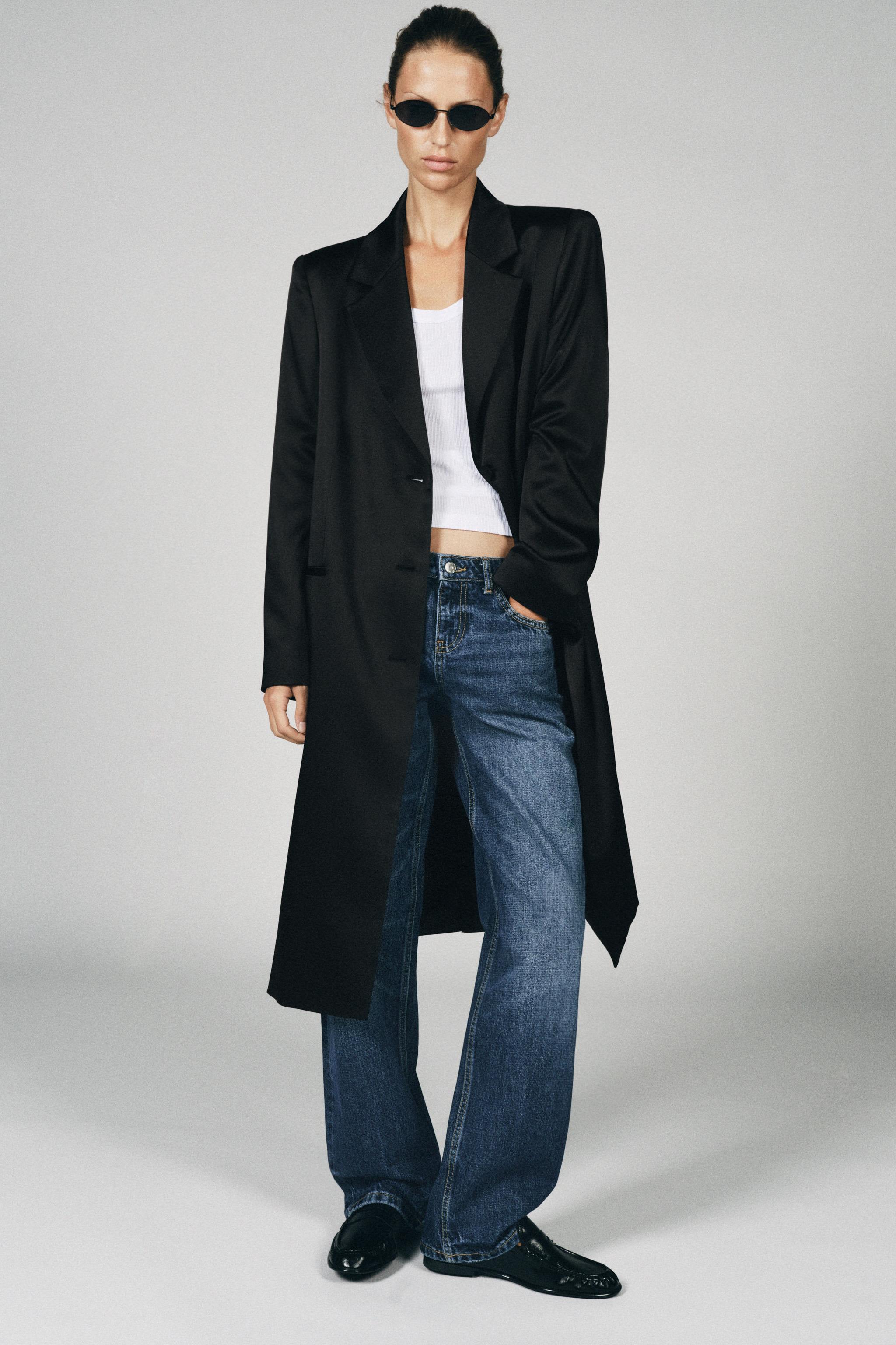 SATIN SHOULDER PAD COAT — Black