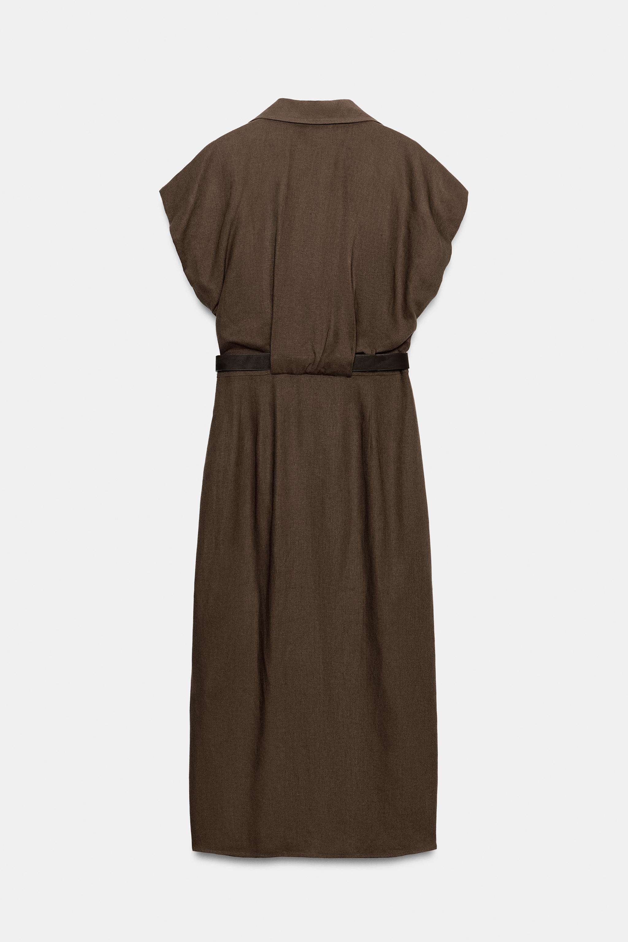 LINEN BLEND MIDI DRESS WITH BELT