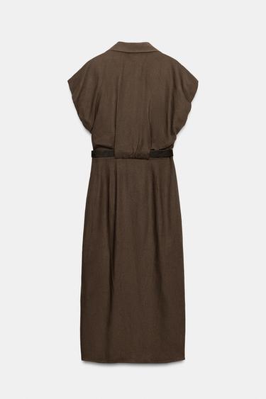 ROBE MI-LONGUE EN LIN AVEC CEINTURE - Marron / Taupe de Zara - Image 6