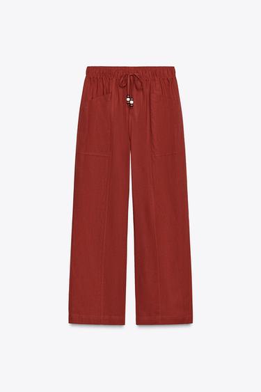 LINEN BLEND TROUSERS WITH BEADED DRAWSTRING - Brick by Zara