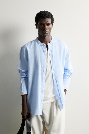 LINEN COTTON RELAXED FIT SHIRT — Sky blue 2