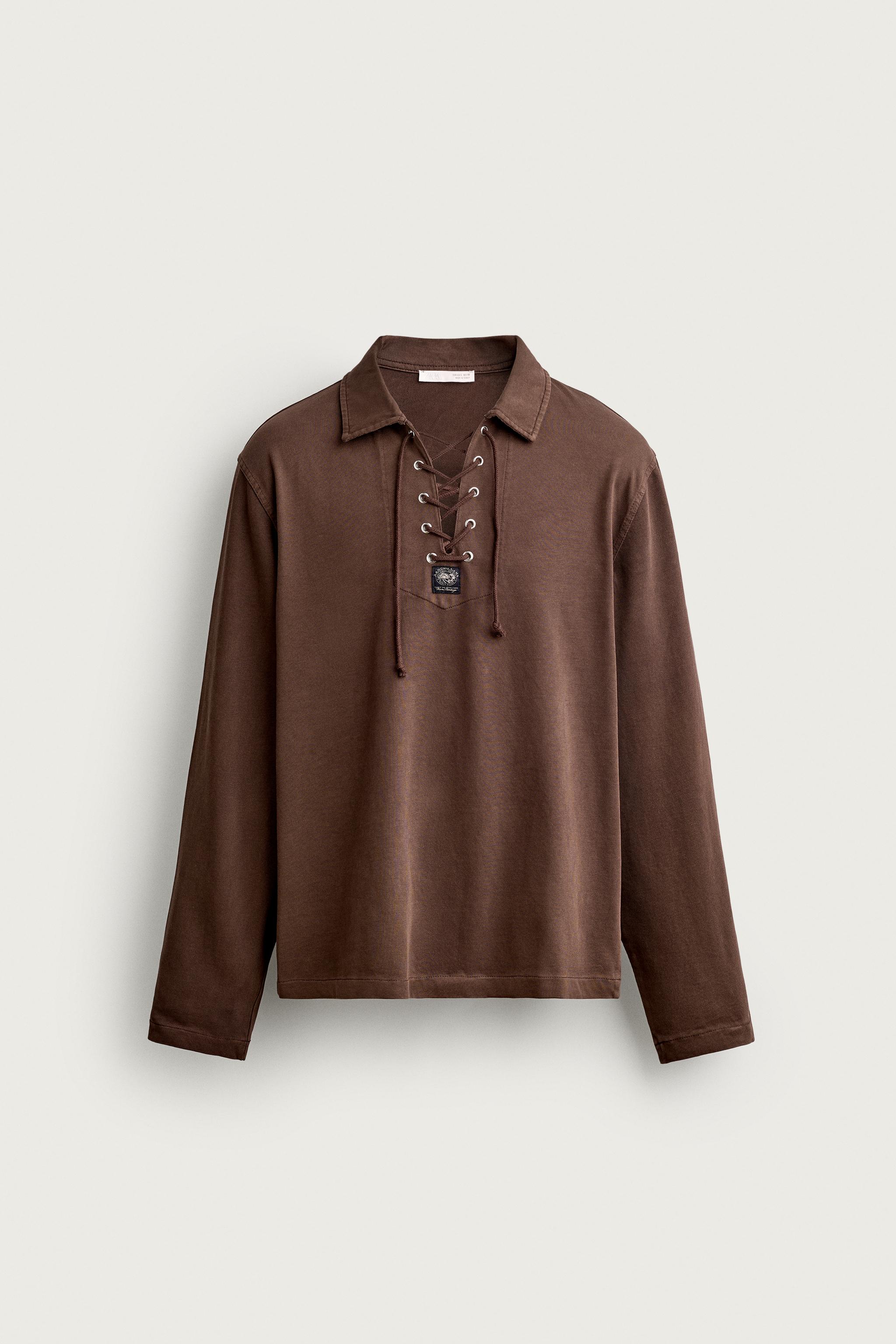 WASHED DRAWSTRING POLO SHIRT — Brown