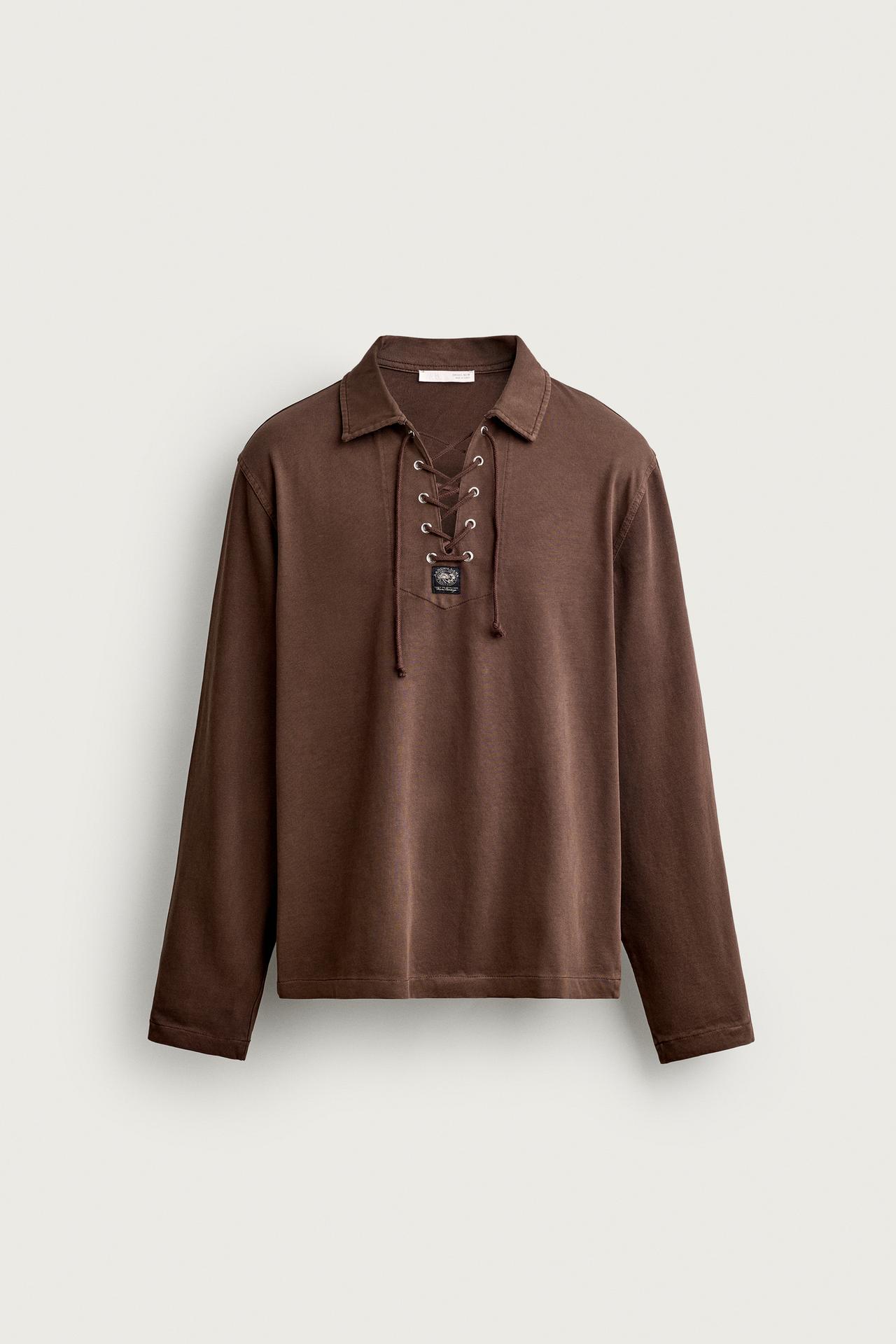 WASHED DRAWSTRING POLO SHIRT — Brown
