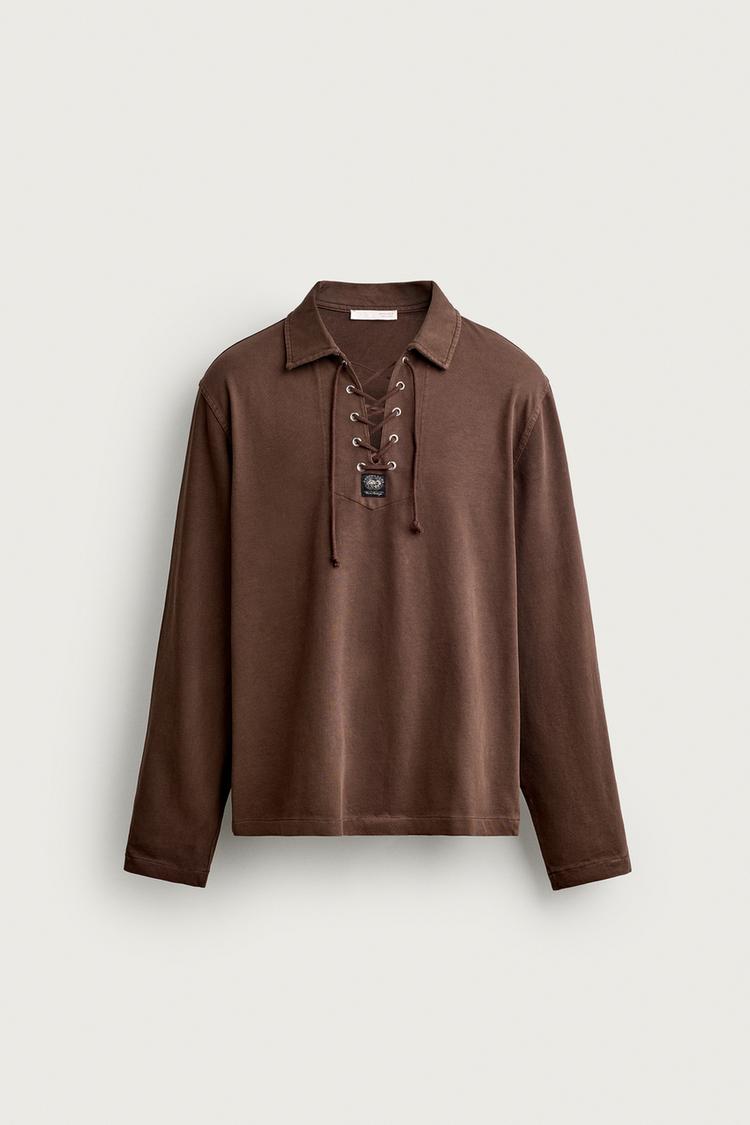 WASHED DRAWSTRING POLO SHIRT — Brown