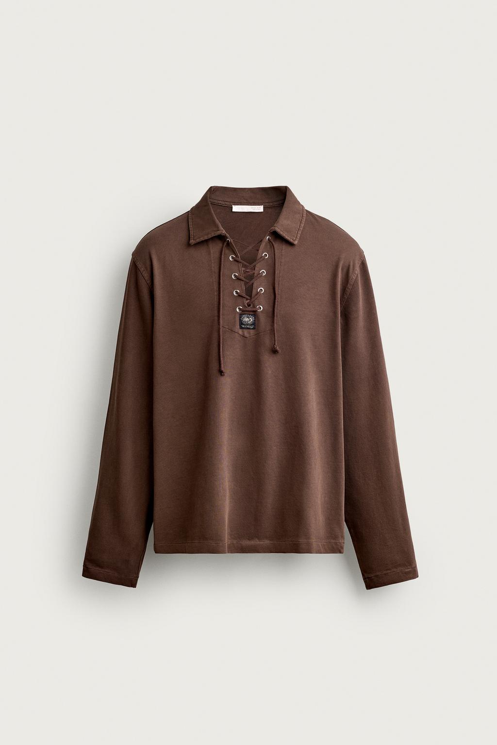 WASHED POLO SHIRT WITH LACE-UP FASTENING