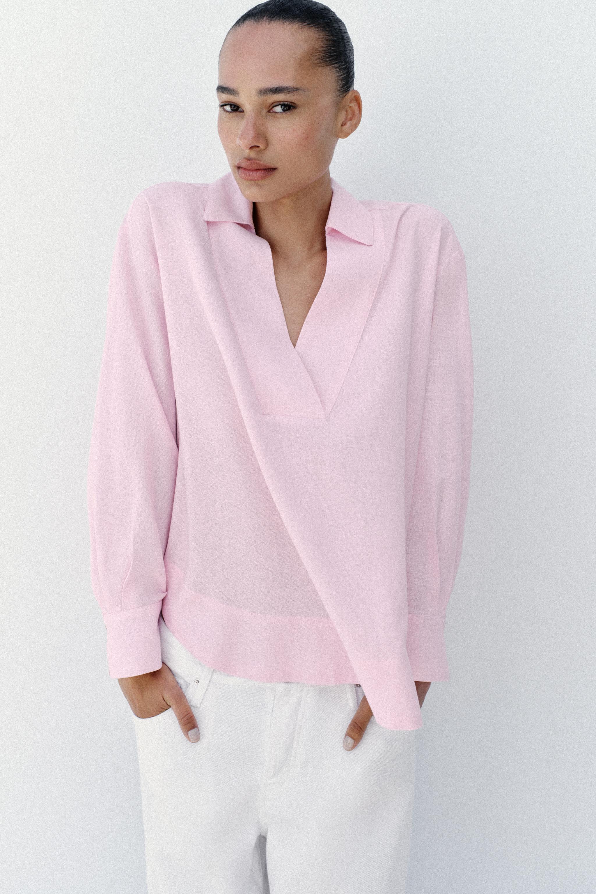 LINEN BLEND FULL CUT BLOUSE — Pink