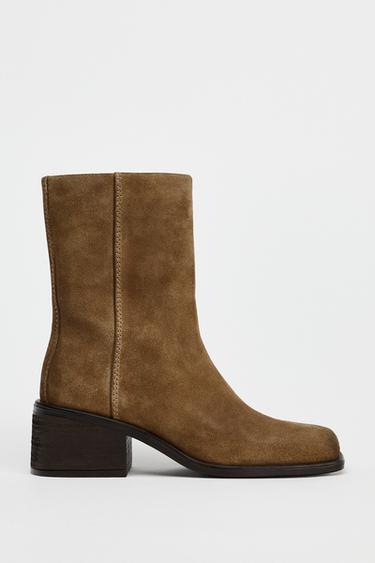Zara SPLIT LEATHER TOPSTITCHED ANKLE BOOTS - Beige