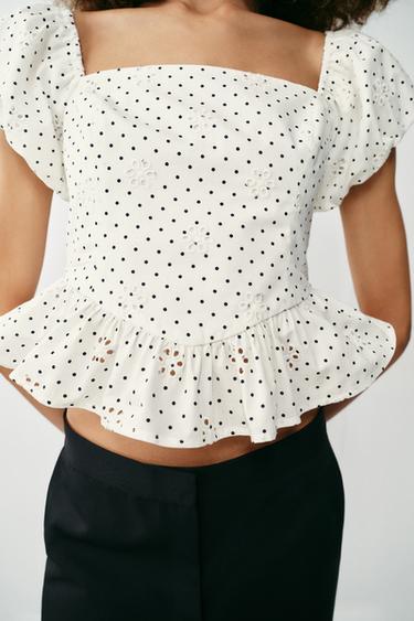 TOP IMPRIMÉ À BRODERIES AJOURÉES - Écru / Bleu marine de Zara - Image 3