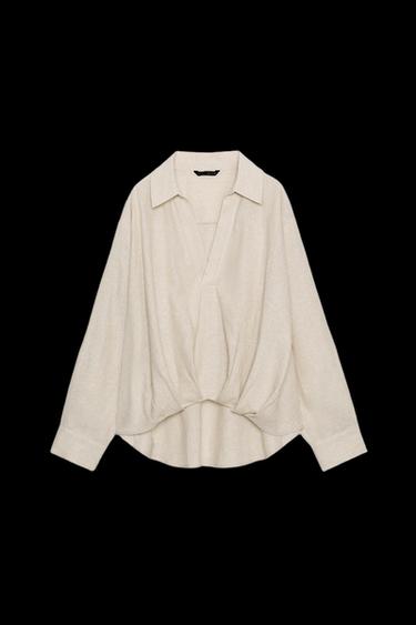 CAMISA CON LINO BAJO ABULLONADO - Beige claro de Zara