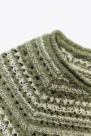 STRIPED TEXTURED KNIT SHORT SLEEVE TOP - Green / Ecru by Zara - Image 7