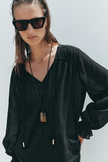 SEMI-SHEER BLOUSE - Black by Zara - Image 1