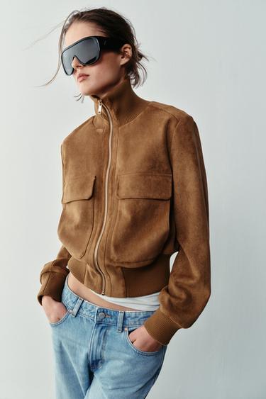 FAUX SUEDE BOMBER JACKET - camel by Zara