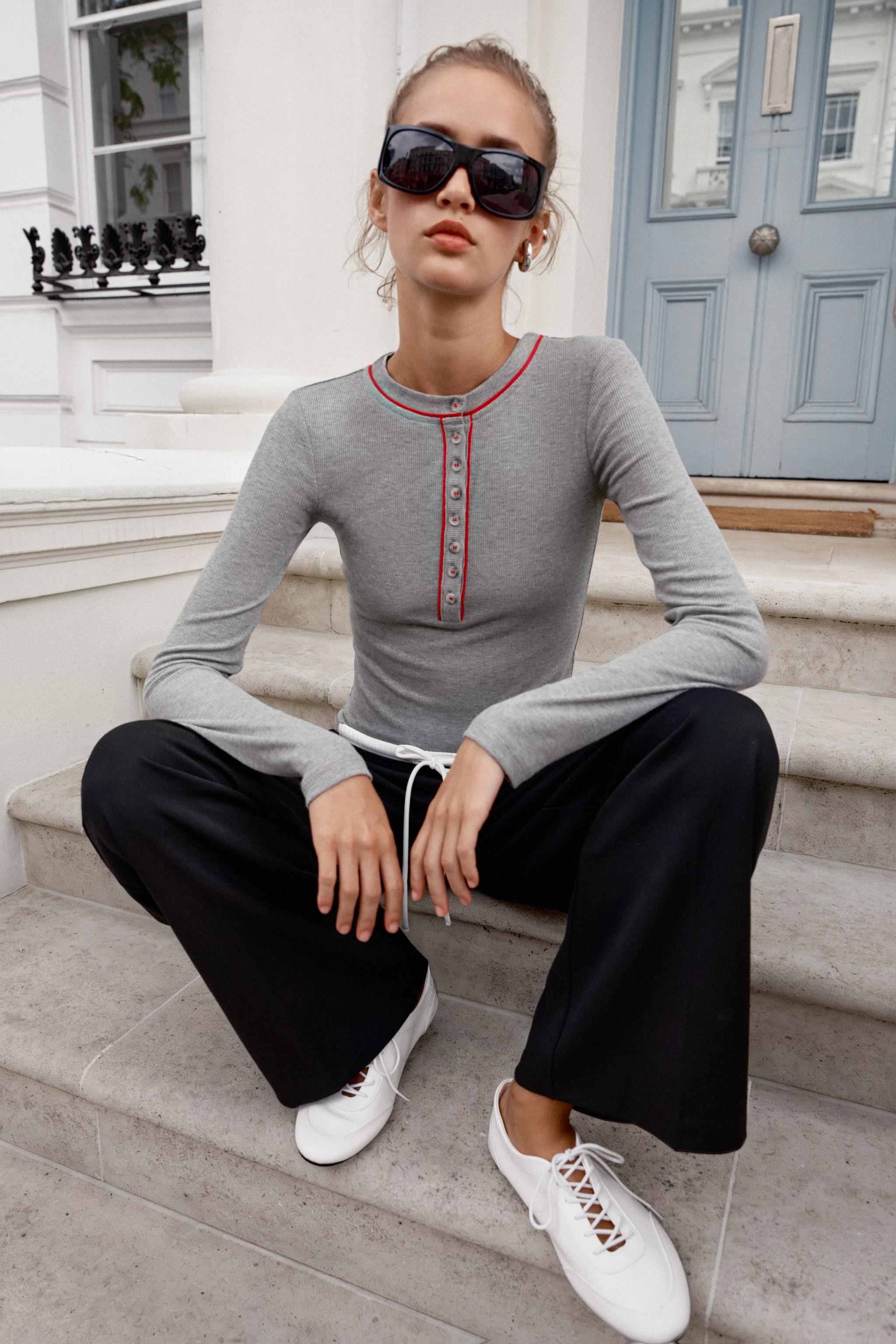 CONTRAST HENLEY T-SHIRT — Gray marl