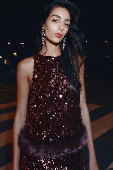 Zara SEQUIN TOP WITH FAUX FUR HEM - GARNET