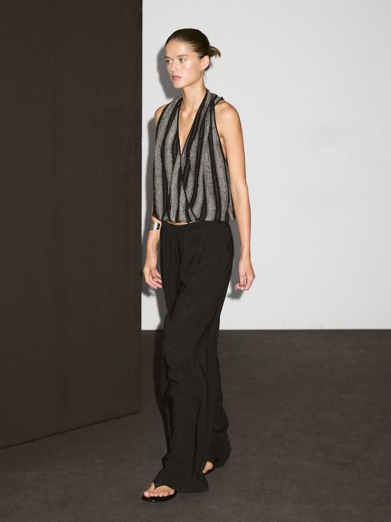 Linen blend knit crossover halter top