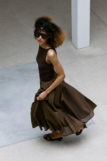 Zara LAYERED MIDI SKIRT - Brown