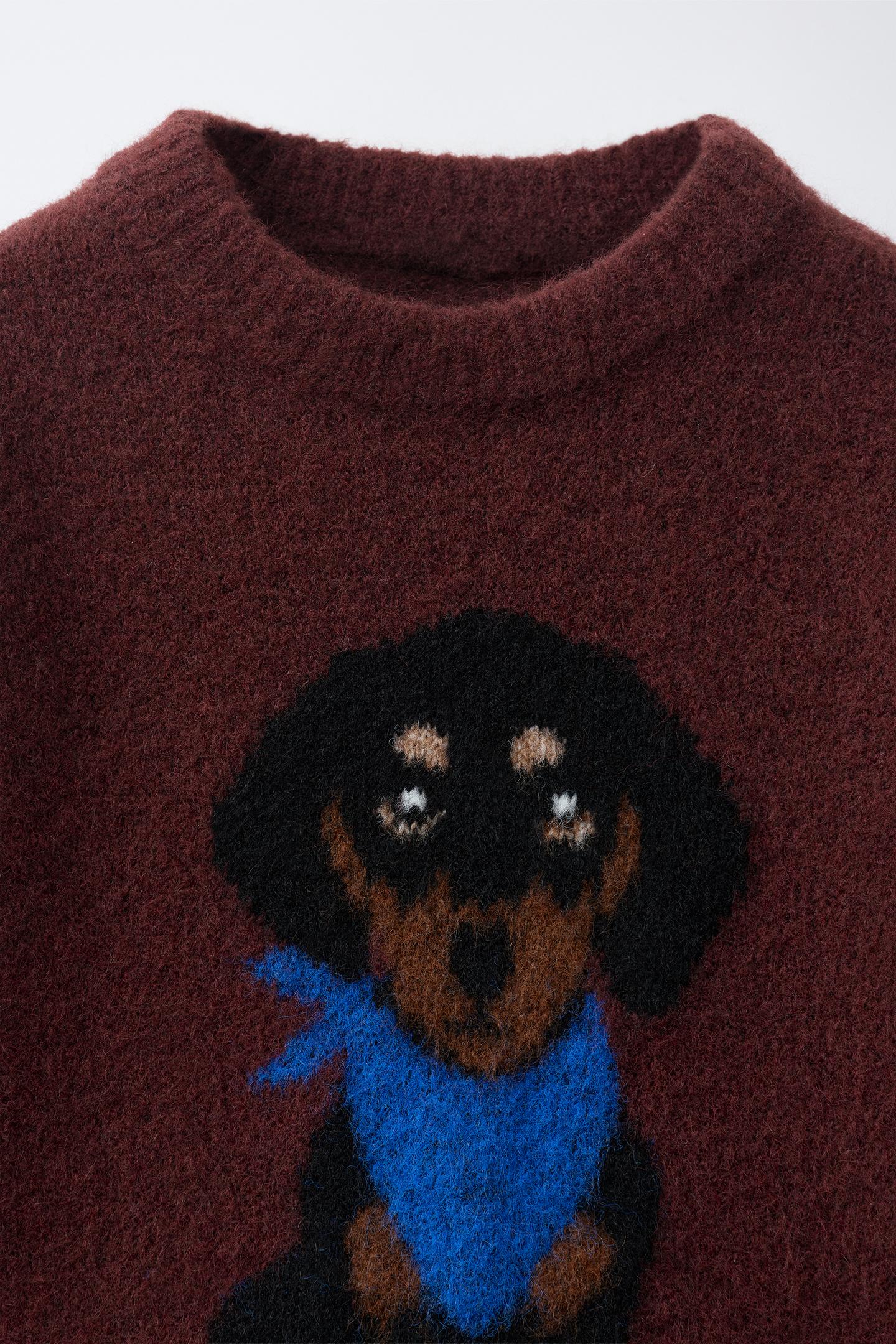 Детский свитер Zara Embroidered Dog Knit Jumper, цвет: Тёмный бордовый — фото 3
