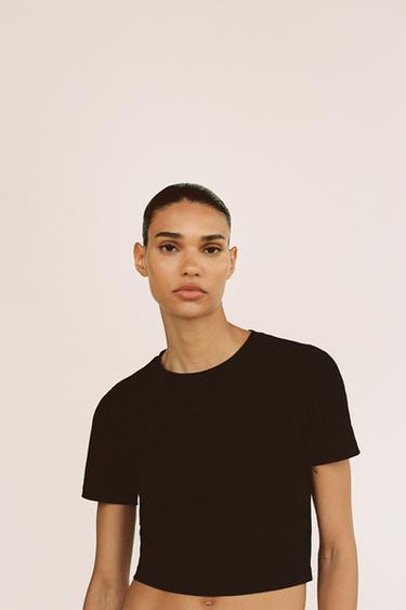 Zara CROPPED STRETCH T-SHIRT - Black