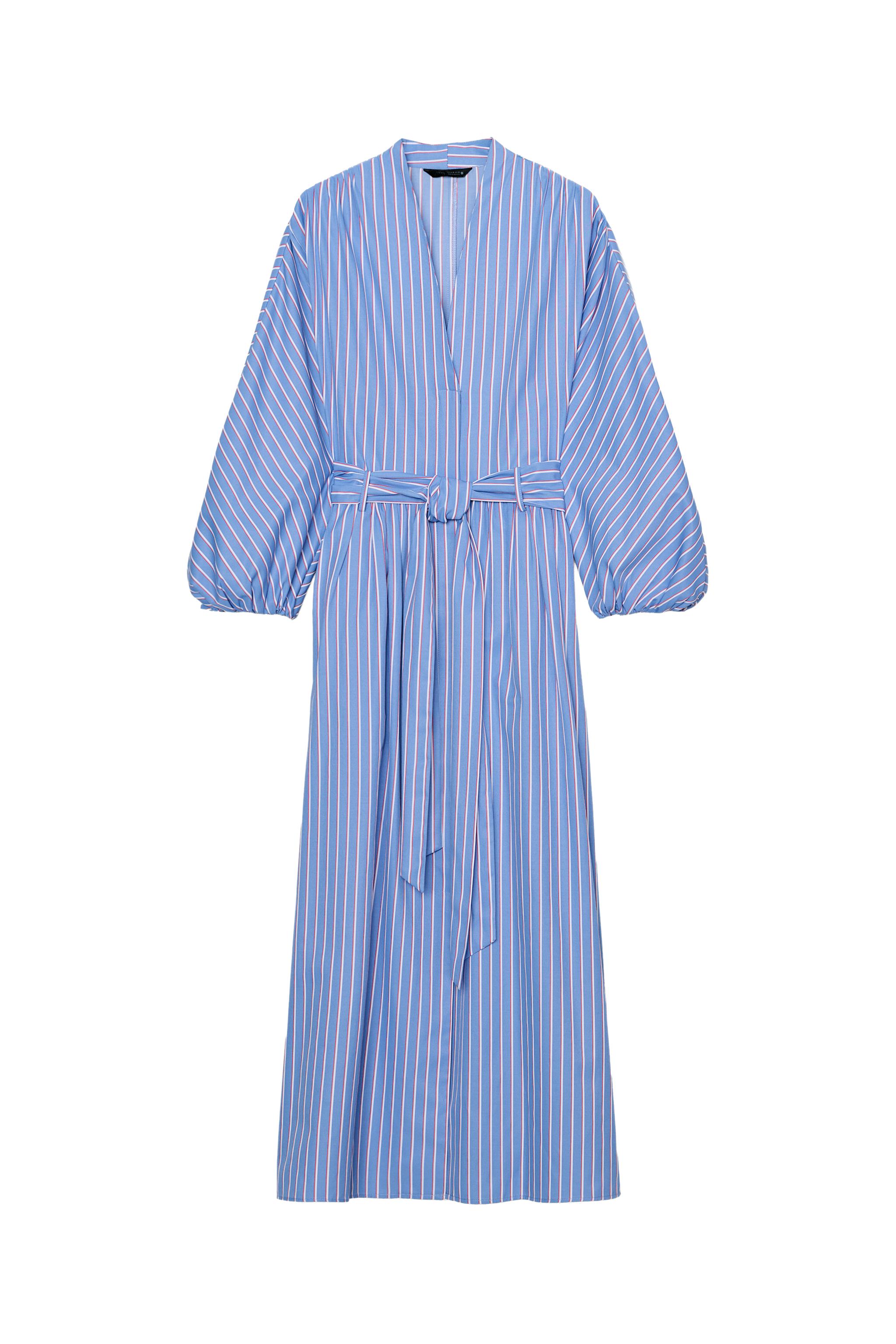 blue striped dress zara ZW COLLECTION STRIPED POPLIN DRESS WITH BELT - Blue
