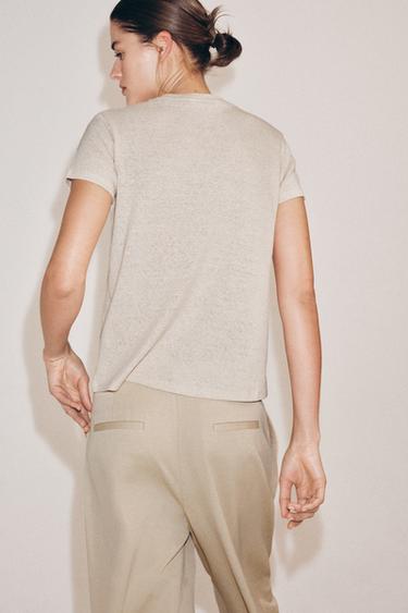 LINEN BLEND SHORT SLEEVE T-SHIRT - Sand by Zara