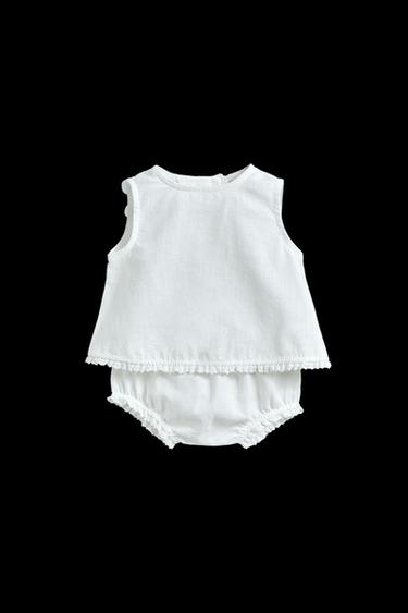 Zara LINEN LACE SHIRT AND BLOOMERS SET - Oyster-white