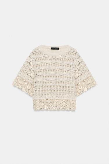 Zara POINTELLE KNIT TOP - Ecru