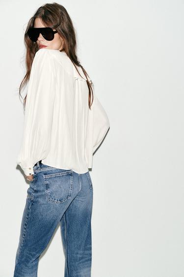 SATIN BLOUSE WITH RUFFLES AND SHOULDER PADS - Ecru by Zara - Image 5