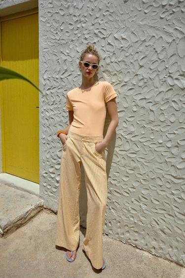 Zara STRIPED STRAIGHT LEG PANTS - Yellow