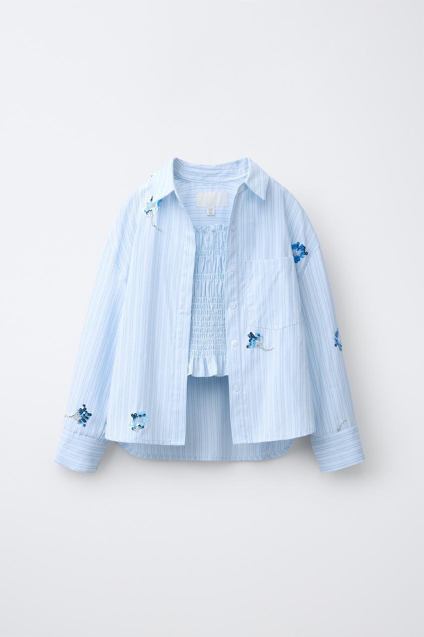 シャツ＆トップス スパンコールフラワー ストライプ - ブルー | ZARA 