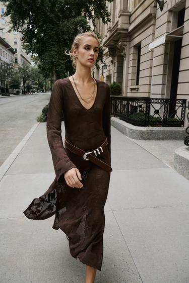 brown long sleeve dress zara Women's Dresses PANELLED LONG DRESS