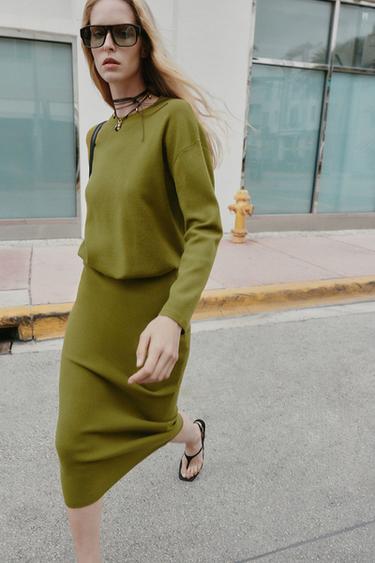 FALDA MIDI PUNTO - Musgo de Zara