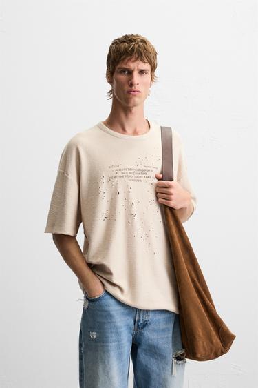 PRINTED KNIT T-SHIRT - Sand by Zara