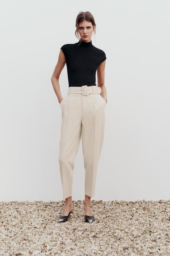 ZARA HIGH WAISTED SEAM TAILORED PANTS TAPERED ANKLE CAPRI TROUSERS WELT  POCKETS